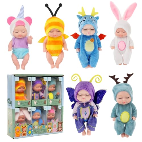 JOAASU Mini Reborn Puppen, 6 Stück Newborn Reborn Baby, Mini-Puppen-Set, 3,5 Zoll, Waschbares Plastik-Material, Weicher Körper, Mini Baby Puppe für Mädchen, Kleinkinder und Kinder von JOAASU