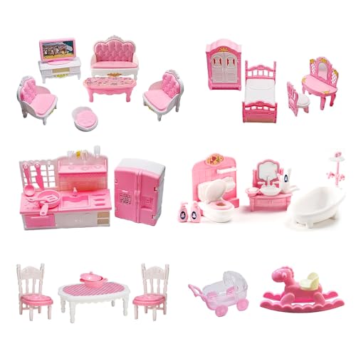 JOAASU Puppenhaus Möbel Set, 34 Teilige Puppenhaus Möbel, Zubehör Puppenhaus, Möbel für Minipuppen aus Kunststoff, Küchen und Wohnzimmer Set, Schlafzimmer und Badezimmer Set, Puppen Zubehör Spielzeug von JOAASU