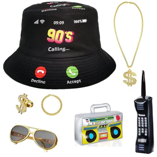 7 Pcs 80er 90er Jahre Hip Hop Rapper Kostüm Accessories Fischerhüte Bucket Sonnenbrille Halskette Dollar Kette Brille Armband Ring Radio Boombox für Halloween Karneval Party von JOAAZAR