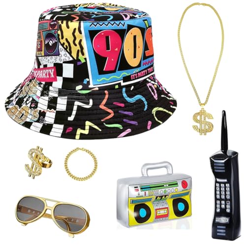 7 Pcs 80er 90er Jahre Hip Hop Rapper Kostüm Accessories Fischerhüte Bucket Sonnenbrille Halskette Dollar Kette Brille Armband Ring Radio Boombox für Halloween Karneval Party von JOAAZAR