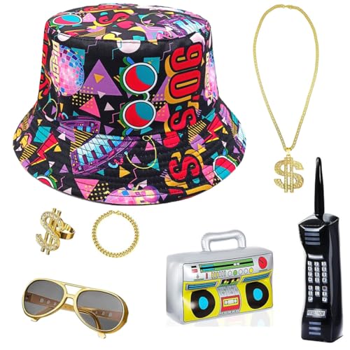 7 Pcs 80er 90er Jahre Hip Hop Rapper Kostüm Accessories Fischerhüte Bucket Sonnenbrille Halskette Dollar Kette Brille Armband Ring Radio Boombox für Halloween Karneval Party von JOAAZAR