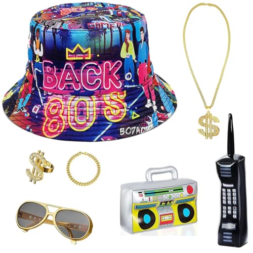 7 Pcs 80er 90er Jahre Hip Hop Rapper Kostüm Accessories Fischerhüte Bucket Sonnenbrille Halskette Dollar Kette Brille Armband Ring Radio Boombox für Halloween Karneval Party von JOAAZAR