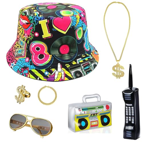 7 Pcs 80er 90er Jahre Hip Hop Rapper Kostüm Accessories Fischerhüte Bucket Sonnenbrille Halskette Dollar Kette Brille Armband Ring Radio Boombox für Halloween Karneval Party von JOAAZAR