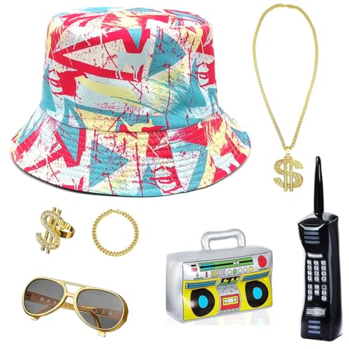 7 Pcs 80er 90er Jahre Hip Hop Rapper Kostüm Accessories Fischerhüte Bucket Sonnenbrille Halskette Dollar Kette Brille Armband Ring Radio Boombox für Halloween Karneval Party von JOAAZAR