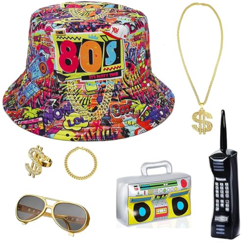 7 Pcs 80er 90er Jahre Hip Hop Rapper Kostüm Accessories Fischerhüte Bucket Sonnenbrille Halskette Dollar Kette Brille Armband Ring Radio Boombox für Halloween Karneval Party von JOAAZAR