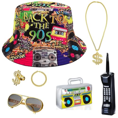 7 Pcs 80er 90er Jahre Hip Hop Rapper Kostüm Accessories Fischerhüte Bucket Sonnenbrille Halskette Dollar Kette Brille Armband Ring Radio Boombox für Halloween Karneval Party von JOAAZAR