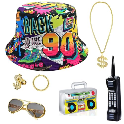 7 Pcs 80er 90er Jahre Hip Hop Rapper Kostüm Accessories Fischerhüte Bucket Sonnenbrille Halskette Dollar Kette Brille Armband Ring Radio Boombox für Halloween Karneval Party von JOAAZAR