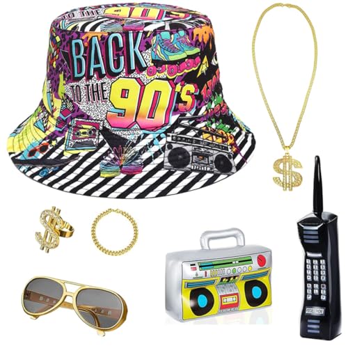 7 Pcs 80er 90er Jahre Hip Hop Rapper Kostüm Accessories Fischerhüte Bucket Sonnenbrille Halskette Dollar Kette Brille Armband Ring Radio Boombox für Halloween Karneval Party von JOAAZAR