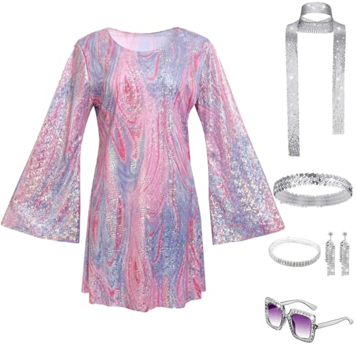 JOAAZAR 60er 70er Jahre Hippie Kostüm Damen Set mit Accessoires Bekleidung Damen Hippie Schlaghose Kostüm Damen Disco Outfit 70er Mode Flower Power Kleidung Damen Faschingskostüm von JOAAZAR