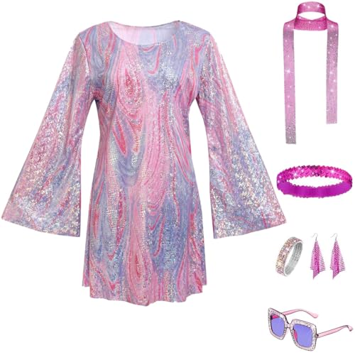 JOAAZAR 60er 70er Jahre Hippie Kostüm Damen Set mit Accessoires Bekleidung Damen Hippie Schlaghose Kostüm Damen Disco Outfit 70er Mode Flower Power Kleidung Damen Faschingskostüm von JOAAZAR