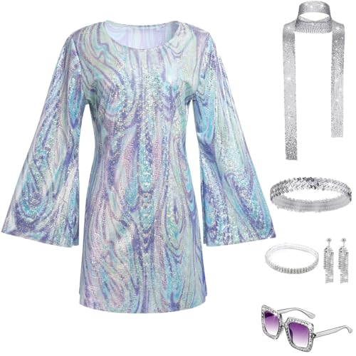 JOAAZAR 60er 70er Jahre Hippie Kostüm Damen Set mit Accessoires Bekleidung Damen Hippie Schlaghose Kostüm Damen Disco Outfit 70er Mode Flower Power Kleidung Damen Faschingskostüm von JOAAZAR