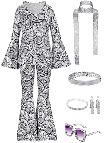 JOAAZAR 60er 70er Jahre Hippie Kostüm Damen Set mit Accessoires Bekleidung Damen Hippie Schlaghose Kostüm Damen Disco Outfit 70er Mode Flower Power Kleidung Damen Faschingskostüm von JOAAZAR