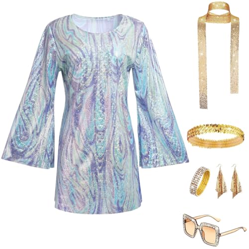 JOAAZAR 60er 70er Jahre Hippie Kostüm Damen Set mit Accessoires Bekleidung Damen Hippie Schlaghose Kostüm Damen Disco Outfit 70er Mode Flower Power Kleidung Damen Faschingskostüm von JOAAZAR