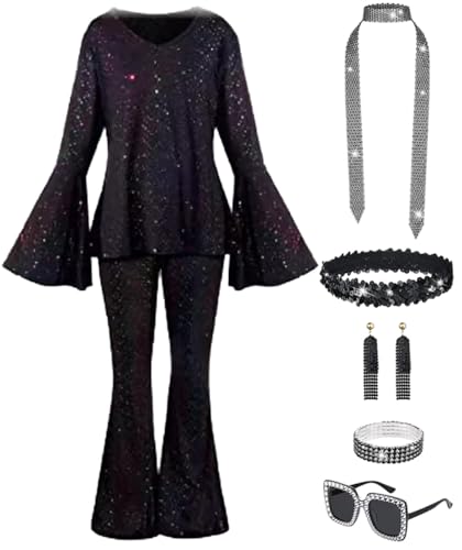 JOAAZAR 60er 70er Jahre Hippie Kostüm Damen Set mit Accessoires Bekleidung Damen Hippie Schlaghose Kostüm Damen Disco Outfit 70er Mode Flower Power Kleidung Damen Faschingskostüm von JOAAZAR