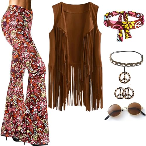 JOAAZAR 60er 70er Jahre Hippie Kostüm Damen Set mit Fransenweste Schlaghose Damen Accessoires Bekleidung Damen Hippie Kostüm Damen Disco Outfit 70er Mode Flower Power Kleidung Damen Faschingskostüm von JOAAZAR