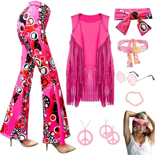 JOAAZAR 60er 70er Jahre Hippie Kostüm Damen Set mit Fransenweste Schlaghose Damen Accessoires Bekleidung Damen Hippie Kostüm Damen Disco Outfit 70er Mode Flower Power Kleidung Damen Faschingskostüm von JOAAZAR