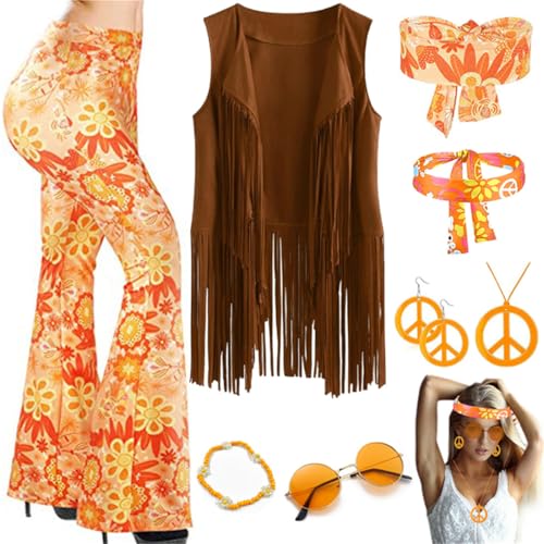 JOAAZAR 60er 70er Jahre Hippie Kostüm Damen Set mit Fransenweste Schlaghose Damen Accessoires Bekleidung Damen Hippie Kostüm Damen Disco Outfit 70er Mode Flower Power Kleidung Damen Faschingskostüm von JOAAZAR