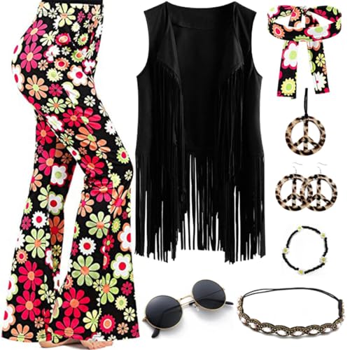 JOAAZAR 60er 70er Jahre Hippie Kostüm Damen Set mit Fransenweste Schlaghose Damen Accessoires Bekleidung Damen Hippie Kostüm Damen Disco Outfit 70er Mode Flower Power Kleidung Damen Faschingskostüm von JOAAZAR