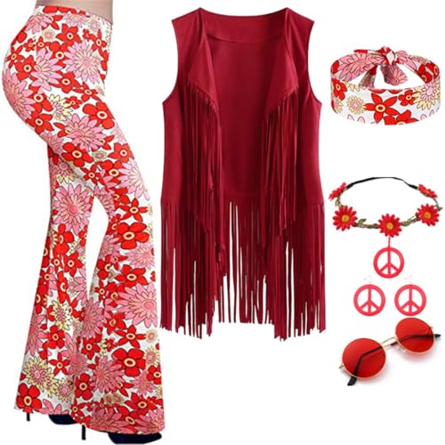 JOAAZAR 60er 70er Jahre Hippie Kostüm Damen Set mit Fransenweste Schlaghose Damen Accessoires Bekleidung Damen Hippie Kostüm Damen Disco Outfit 70er Mode Flower Power Kleidung Damen Faschingskostüm von JOAAZAR