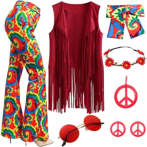 JOAAZAR 60er 70er Jahre Hippie Kostüm Damen Set mit Fransenweste Schlaghose Damen Accessoires Bekleidung Damen Hippie Kostüm Damen Disco Outfit 70er Mode Flower Power Kleidung Damen Faschingskostüm von JOAAZAR