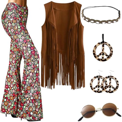 JOAAZAR 60er 70er Jahre Hippie Kostüm Damen Set mit Fransenweste Schlaghose Damen Accessoires Bekleidung Damen Hippie Kostüm Damen Disco Outfit 70er Mode Flower Power Kleidung Damen Faschingskostüm von JOAAZAR