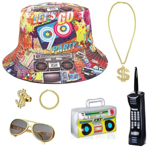 JOAAZAR 7 Stück Hip Hop 80er 90er Rapper Outfits für Erwachsene Zubehör Enthält Aufblasbare Radio Boombox Golden Baseball Cap Personalisiert Goldene Dollar Kette Brille Armband Party Theme Dekor von JOAAZAR