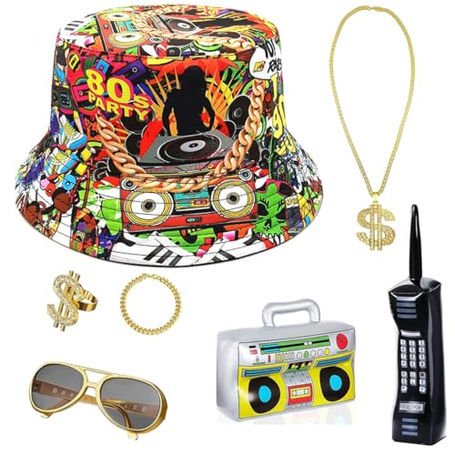 JOAAZAR 7 Stück Hip Hop 80er 90er Rapper Outfits für Erwachsene Zubehör Enthält Aufblasbare Radio Boombox Golden Baseball Cap Personalisiert Goldene Dollar Kette Brille Armband Party Theme Dekor von JOAAZAR