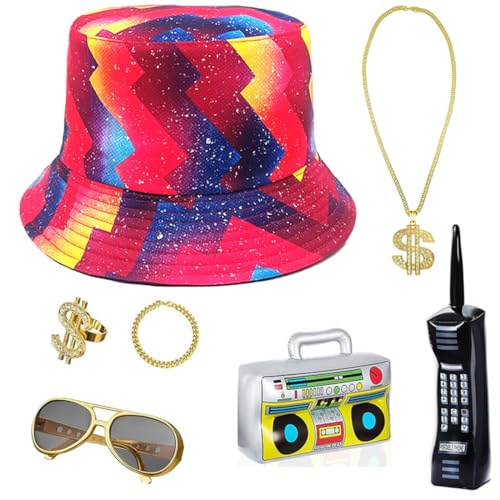 JOAAZAR 7 Stück Hip Hop 80er 90er Rapper Outfits für Erwachsene Zubehör Enthält Aufblasbare Radio Boombox Golden Baseball Cap Personalisiert Goldene Dollar Kette Brille Armband Party Theme Dekor von JOAAZAR