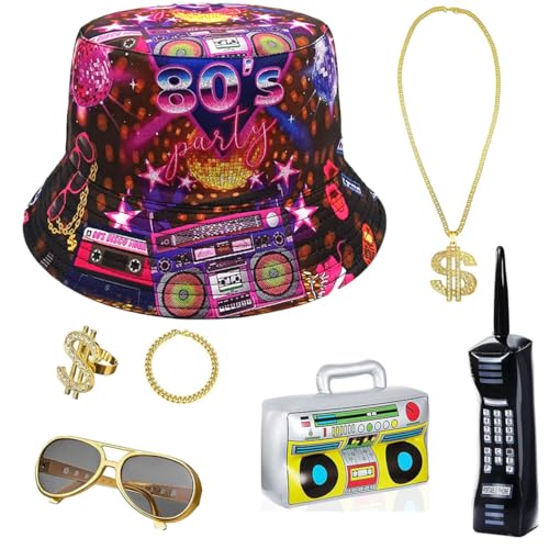 JOAAZAR 7 Stück Hip Hop 80er 90er Rapper Outfits für Erwachsene Zubehör Enthält Aufblasbare Radio Boombox Golden Baseball Cap Personalisiert Goldene Dollar Kette Brille Armband Party Theme Dekor von JOAAZAR