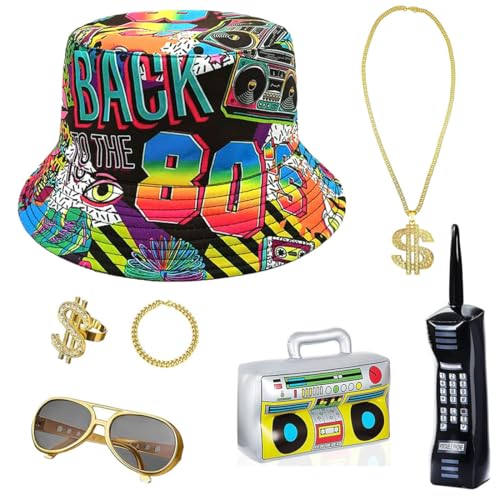 JOAAZAR 7 Stück Hip Hop 80er 90er Rapper Outfits für Erwachsene Zubehör Enthält Aufblasbare Radio Boombox Golden Baseball Cap Personalisiert Goldene Dollar Kette Brille Armband Party Theme Dekor von JOAAZAR