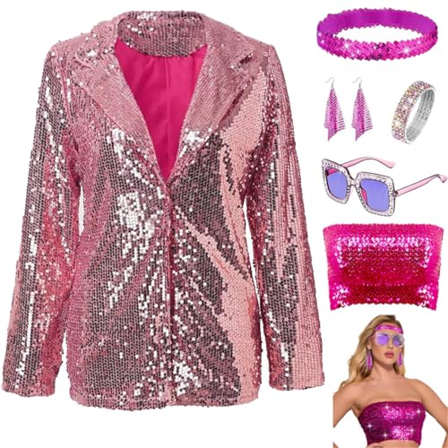 JOAAZAR Damen Pailletten Blazer 70er Jahre Disco Kostüm Pailletten Glitzer Jacke Casual Langarm Blazer Bomberjacke Festlich Party Club Ohrringe Sonnenbrille Armband Zubehör Set für Halloween Party von JOAAZAR