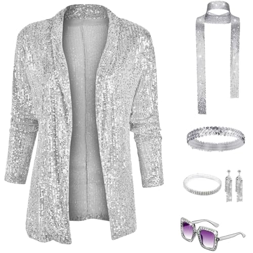 JOAAZAR Damen Pailletten Blazer 70er Jahre Disco Kostüm Pailletten Glitzer Jacke Casual Langarm Blazer Bomberjacke Festlich Party Club Ohrringe Sonnenbrille Armband Zubehör Set für Halloween Party von JOAAZAR