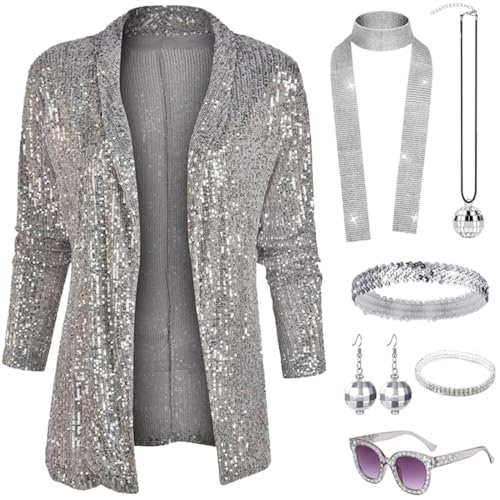 JOAAZAR Damen Pailletten Blazer 70er Jahre Disco Kostüm Pailletten Glitzer Jacke Casual Langarm Blazer Bomberjacke Festlich Party Club Ohrringe Sonnenbrille Armband Zubehör Set für Halloween Party von JOAAZAR