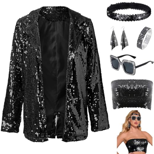 JOAAZAR Damen Pailletten Blazer 70er Jahre Disco Kostüm Pailletten Glitzer Jacke Casual Langarm Blazer Bomberjacke Festlich Party Club Ohrringe Sonnenbrille Armband Zubehör Set für Halloween Party von JOAAZAR