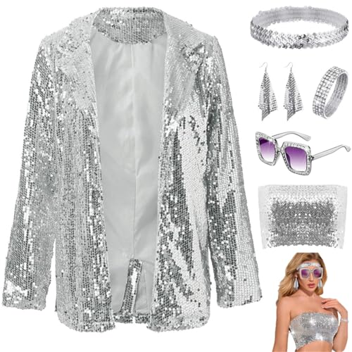 JOAAZAR Damen Pailletten Blazer 70er Jahre Disco Kostüm Pailletten Glitzer Jacke Casual Langarm Blazer Bomberjacke Festlich Party Club Ohrringe Sonnenbrille Armband Zubehör Set für Halloween Party von JOAAZAR