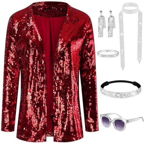 JOAAZAR Damen Pailletten Blazer 70er Jahre Disco Kostüm Pailletten Glitzer Jacke Casual Langarm Blazer Bomberjacke Festlich Party Club Ohrringe Sonnenbrille Armband Zubehör Set für Halloween Party von JOAAZAR