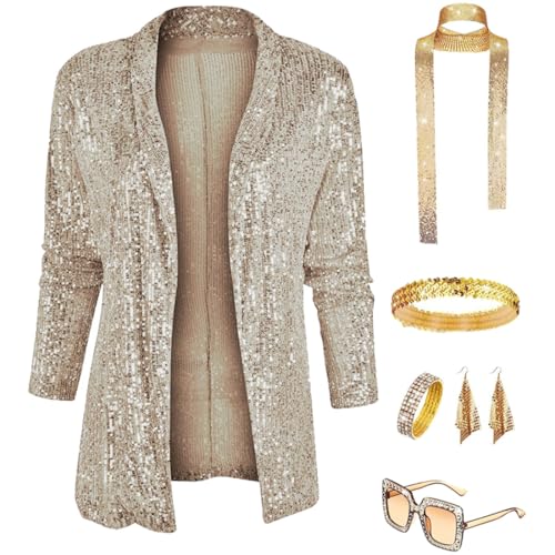 JOAAZAR Damen Pailletten Blazer 70er Jahre Disco Kostüm Pailletten Glitzer Jacke Casual Langarm Blazer Bomberjacke Festlich Party Club Ohrringe Sonnenbrille Armband Zubehör Set für Halloween Party von JOAAZAR