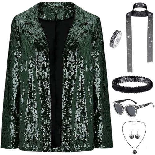 JOAAZAR Damen Pailletten Blazer 70er Jahre Disco Kostüm Pailletten Glitzer Jacke Casual Langarm Blazer Bomberjacke Festlich Party Club Ohrringe Sonnenbrille Armband Zubehör Set für Halloween Party von JOAAZAR