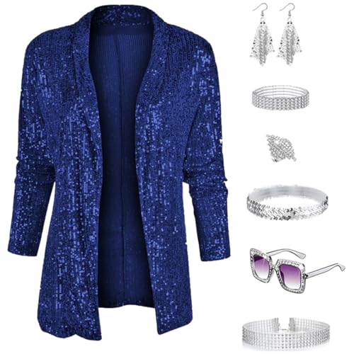 JOAAZAR Damen Pailletten Blazer 70er Jahre Disco Kostüm Pailletten Glitzer Jacke Casual Langarm Blazer Bomberjacke Festlich Party Club Ohrringe Sonnenbrille Armband Zubehör Set für Halloween Party von JOAAZAR