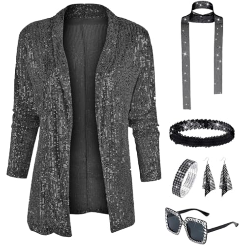 JOAAZAR Damen Pailletten Blazer 70er Jahre Disco Kostüm Pailletten Glitzer Jacke Casual Langarm Blazer Bomberjacke Festlich Party Club Ohrringe Sonnenbrille Armband Zubehör Set für Halloween Party von JOAAZAR