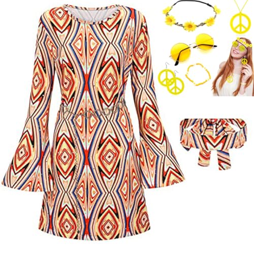 JOAAZAR Hippie Kleidung Damen 60er 70er Jahre Hippie kostüm Damen Kleid und Hippie Accessoires Damen Disco Outfit Halskette Ohrringe Sonnenbrille Stirnband Zubehör für Halloween Party von JOAAZAR