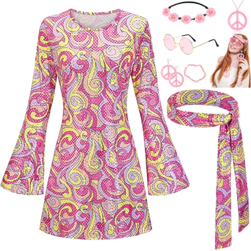 JOAAZAR Hippie Kleidung Damen 60er 70er Jahre Hippie kostüm Damen Kleid und Hippie Accessoires Damen Disco Outfit Halskette Ohrringe Sonnenbrille Stirnband Zubehör für Halloween Party von JOAAZAR