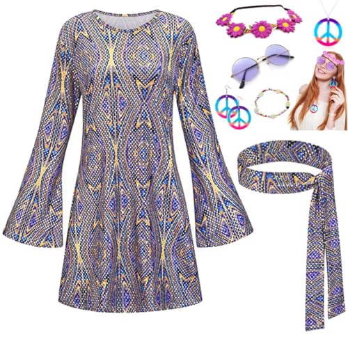 JOAAZAR Hippie Kleidung Damen 60er 70er Jahre Hippie kostüm Damen Kleid und Hippie Accessoires Damen Disco Outfit Halskette Ohrringe Sonnenbrille Stirnband Zubehör für Halloween Party von JOAAZAR