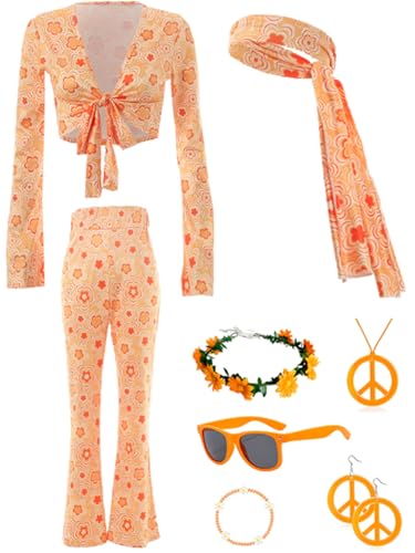 JOAAZAR Hippie Kleidung Damen 60er 70er Jahre Hippie kostüm Damen Kleid und Hippie Accessoires Damen Disco Outfit Halskette Ohrringe Sonnenbrille Stirnband Zubehör für Halloween Party von JOAAZAR