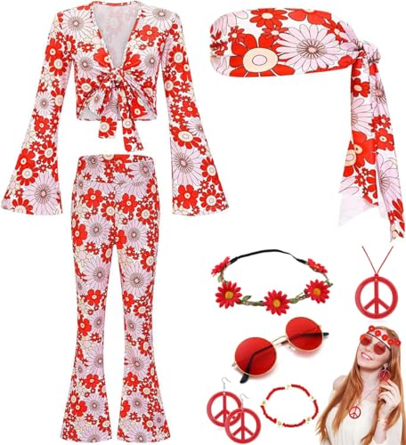 JOAAZAR Hippie Kleidung Damen 60er 70er Jahre Hippie kostüm Damen Kleid und Hippie Accessoires Damen Disco Outfit Halskette Ohrringe Sonnenbrille Stirnband Zubehör für Halloween Party von JOAAZAR