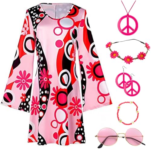 JOAAZAR Hippie Kleidung Damen 60er 70er Jahre Hippie kostüm Damen Kleid und Hippie Accessoires Damen Disco Outfit Halskette Ohrringe Sonnenbrille Stirnband Zubehör für Halloween Party von JOAAZAR