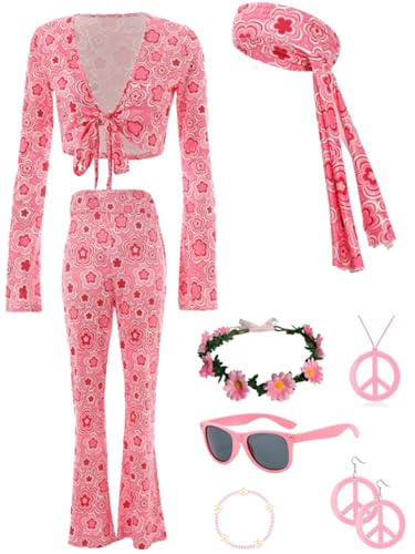 JOAAZAR Hippie Kleidung Damen 60er 70er Jahre Hippie kostüm Damen Kleid und Hippie Accessoires Damen Disco Outfit Halskette Ohrringe Sonnenbrille Stirnband Zubehör für Halloween Party von JOAAZAR