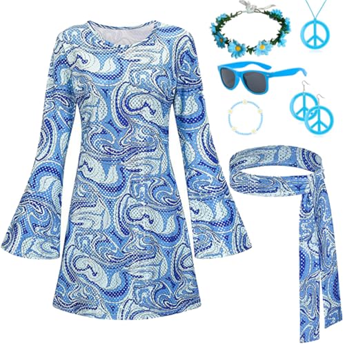 JOAAZAR Hippie Kleidung Damen 60er 70er Jahre Hippie kostüm Damen Kleid und Hippie Accessoires Damen Disco Outfit Halskette Ohrringe Sonnenbrille Stirnband Zubehör für Halloween Party von JOAAZAR