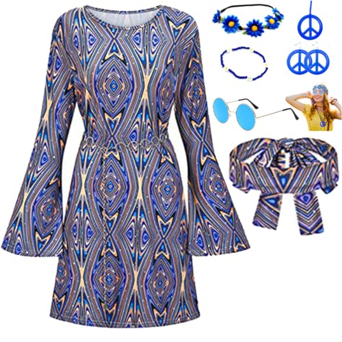 JOAAZAR Hippie Kleidung Damen 60er 70er Jahre Hippie kostüm Damen Kleid und Hippie Accessoires Damen Disco Outfit Halskette Ohrringe Sonnenbrille Stirnband Zubehör für Halloween Party von JOAAZAR