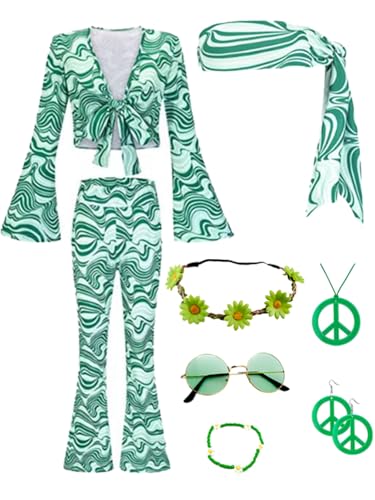 JOAAZAR Hippie Kleidung Damen 60er 70er Jahre Hippie kostüm Damen Kleid und Hippie Accessoires Damen Disco Outfit Halskette Ohrringe Sonnenbrille Stirnband Zubehör für Halloween Party von JOAAZAR